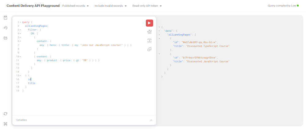 The query result in the Content Delivery API Playground