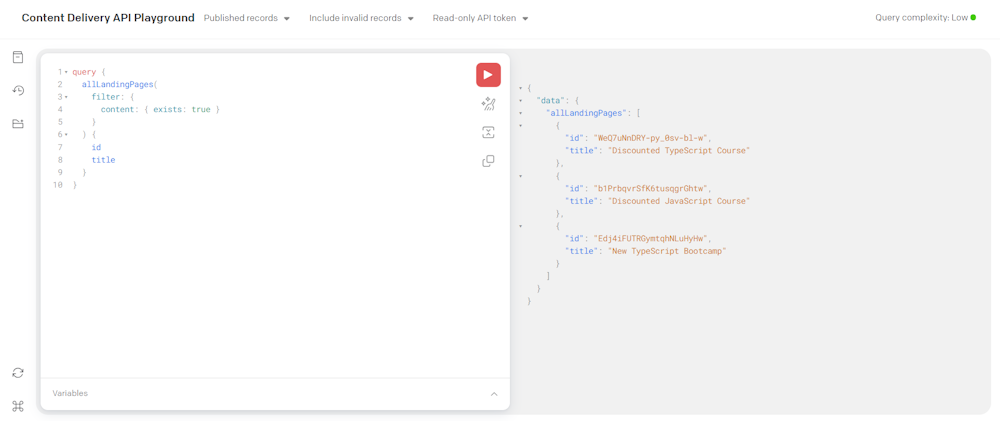 The query result in the Content Delivery API Playground