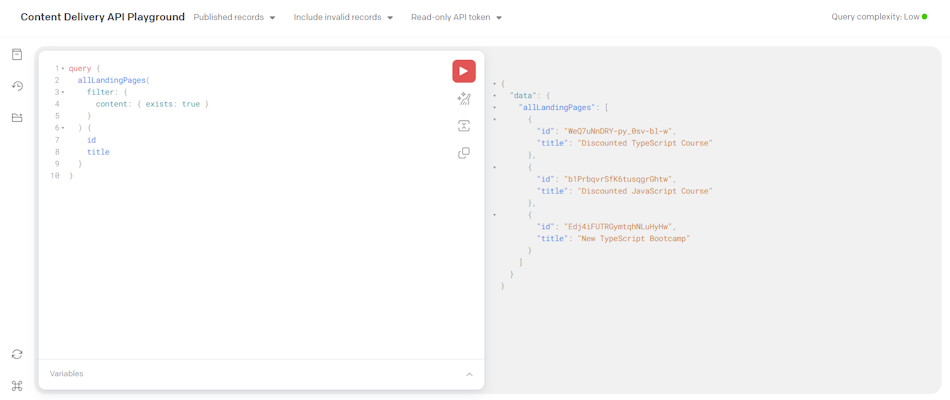 The query result in the Content Delivery API Playground
