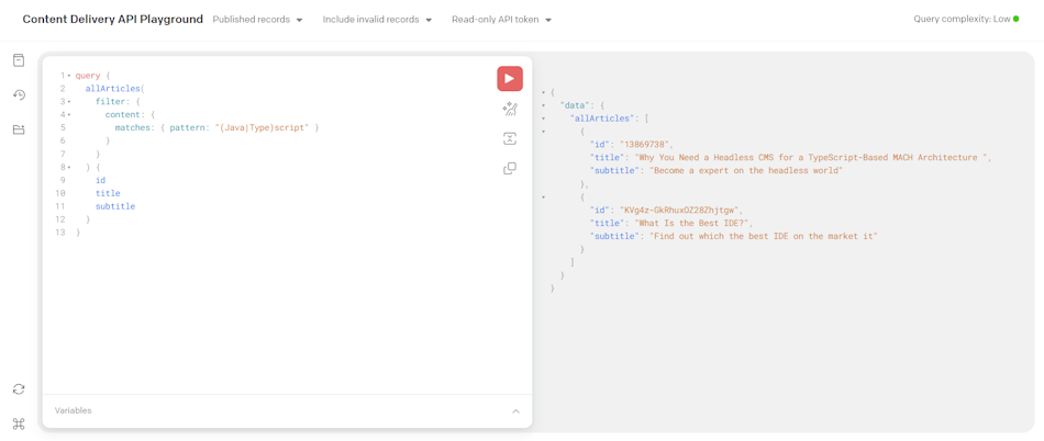 The query result in the Content Delivery API Playground