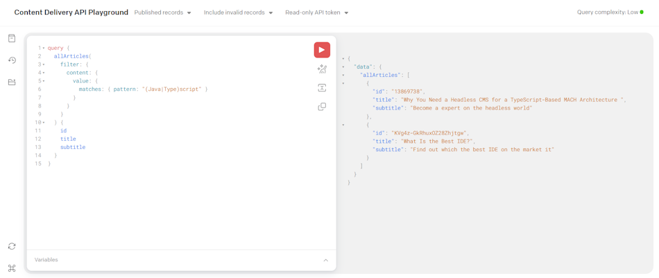 The query result in the Content Delivery API Playground
