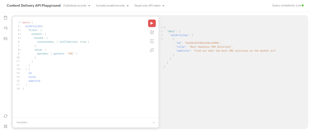 The query result in the Content Delivery API Playground