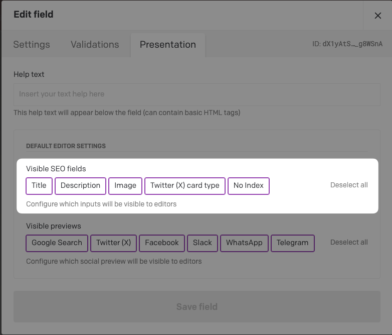 Within an SEO Field's Presentation settings, the Visible SEO fields option configures which inputs will be visible to editors (such as title, description, and noindex).