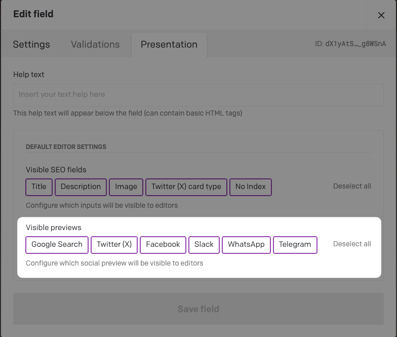Within an SEO Field's Presentation settings, the Visible previews option configures which social card previews are visible to editors (such as Facebook, Twitter/X, Slack, etc.)