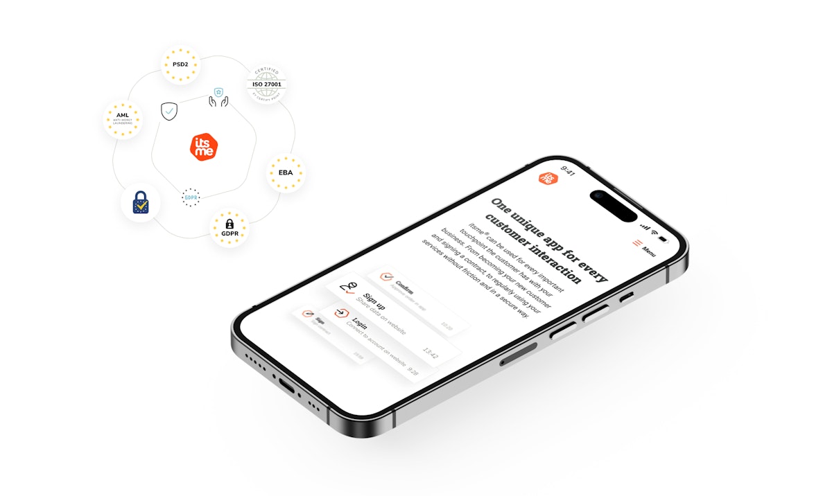 iPhone screen showing the itsme website interface and logos of European web security standards