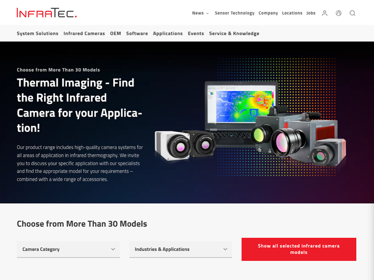 Homepage showcasing the range of thermal imaging camera sections.