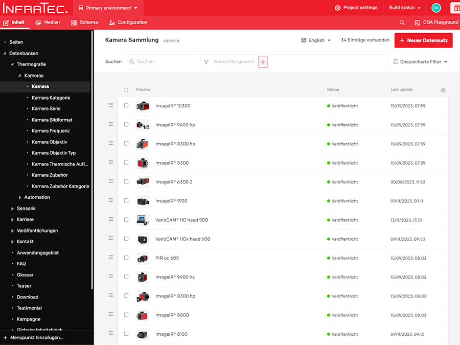 Back-end view of the camera database overview in DatoCMS.