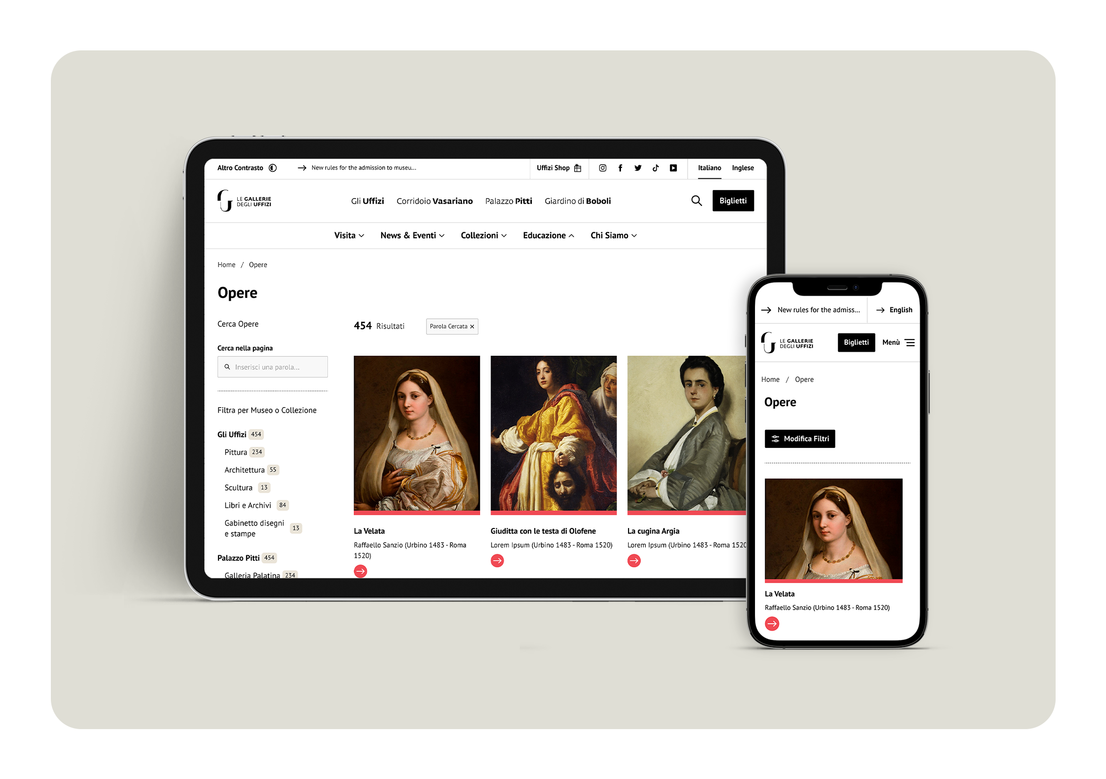 sito Uffizi realizzato con DatoCMS da desktop e Mobile