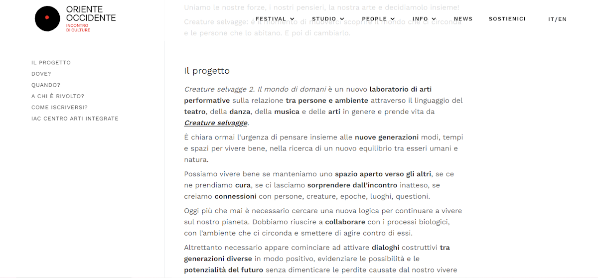 Screen della scheda progetto del sito Oriente Occidente