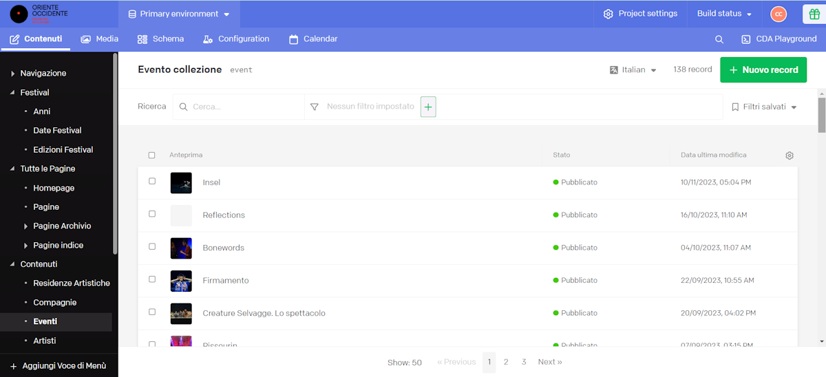 Screenshot pagina indice eventi DatoCMS per Oriente Occidente