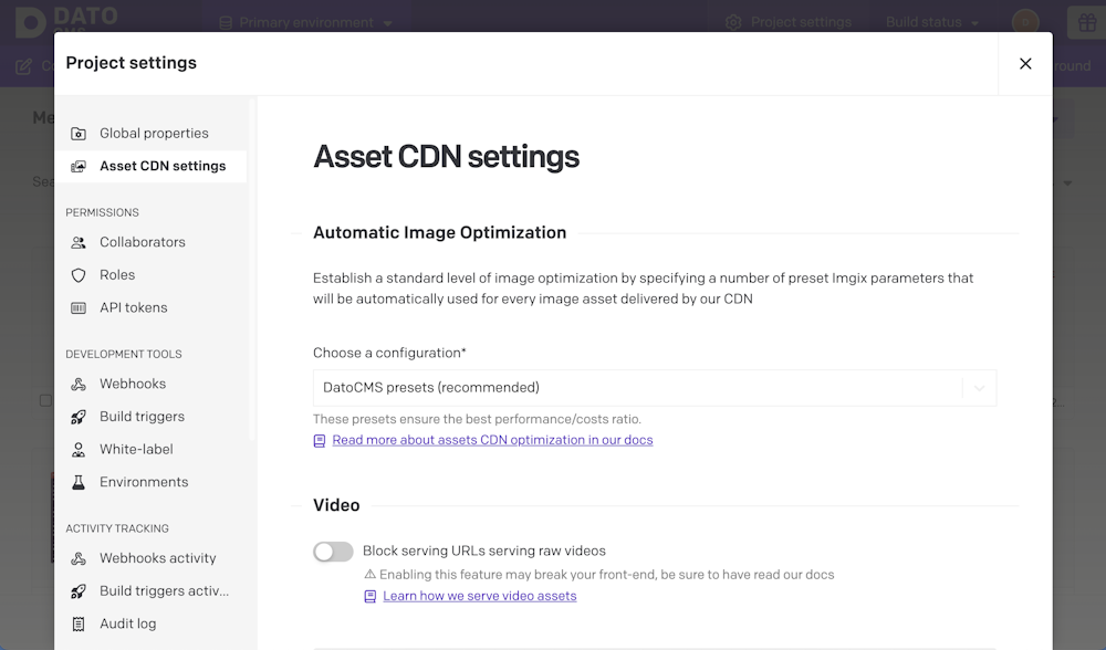 CDN Settings - Advanced Asset Settings - DatoCMS Docs