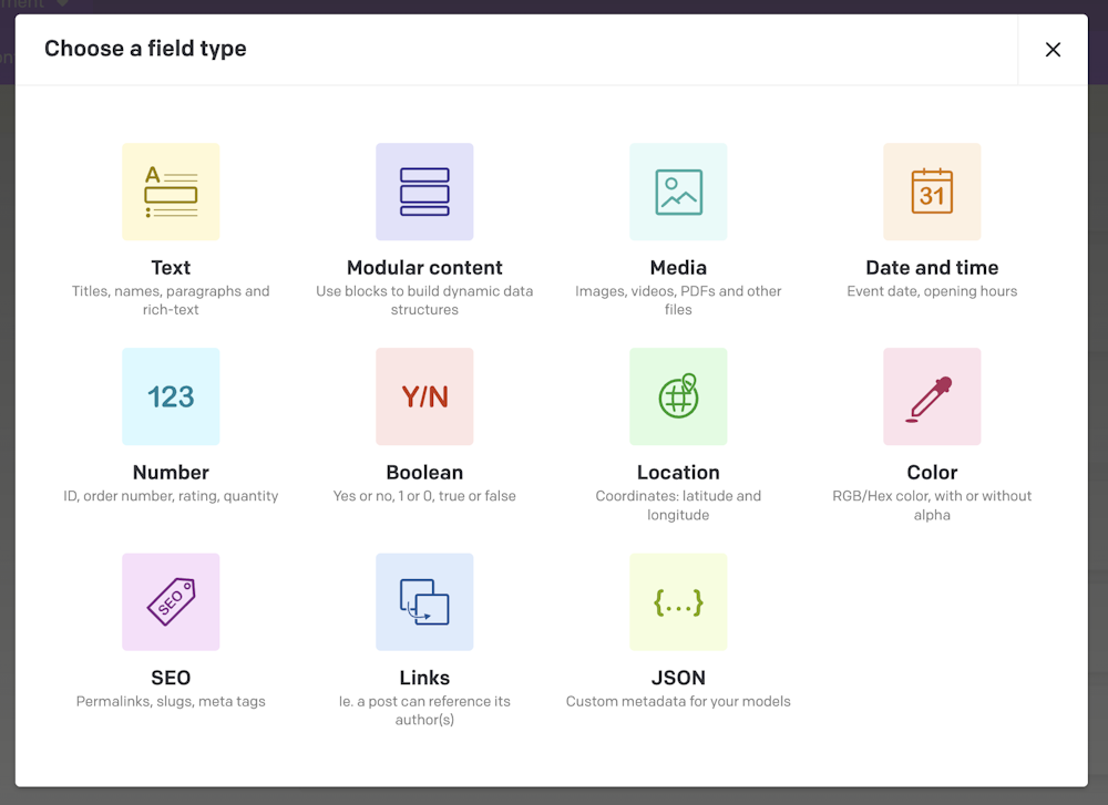 Field type selection modal