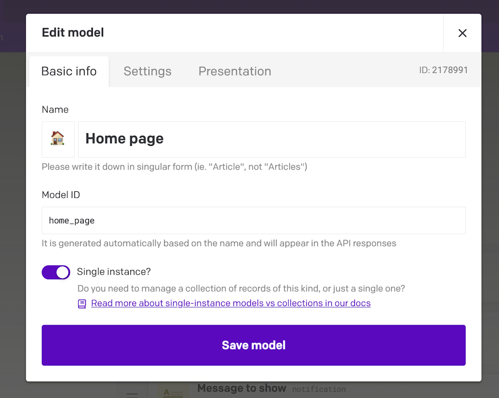 Content modelling - Single instance models - DatoCMS Docs