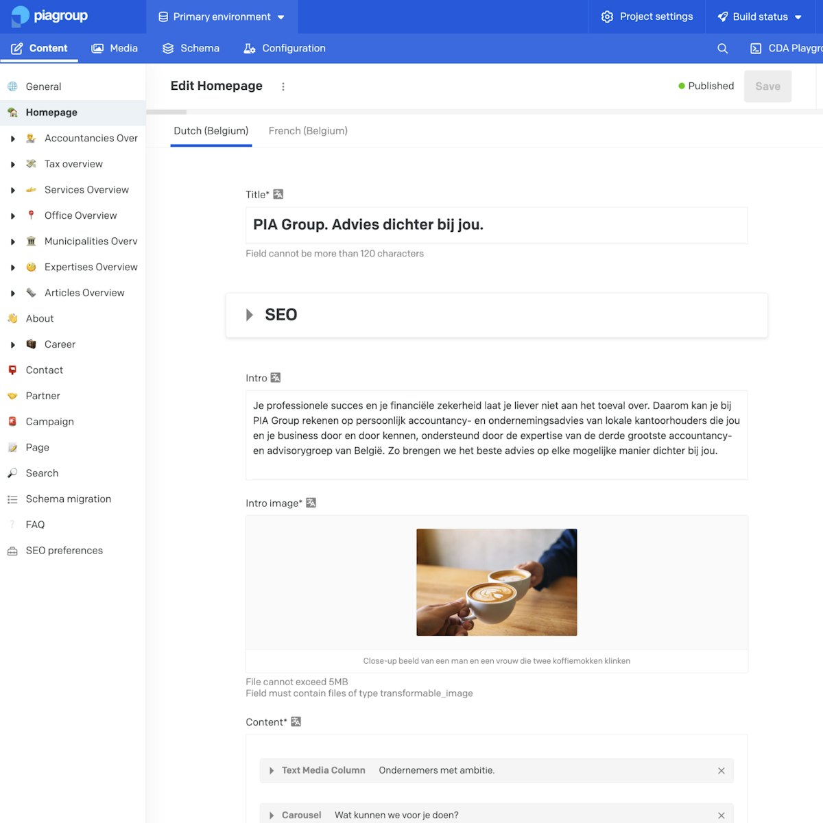 Screenshot of pia.be DatoCMS interface