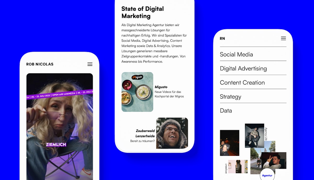 Three mobile device mockups that show different pages of the website of Rob Nicolas.