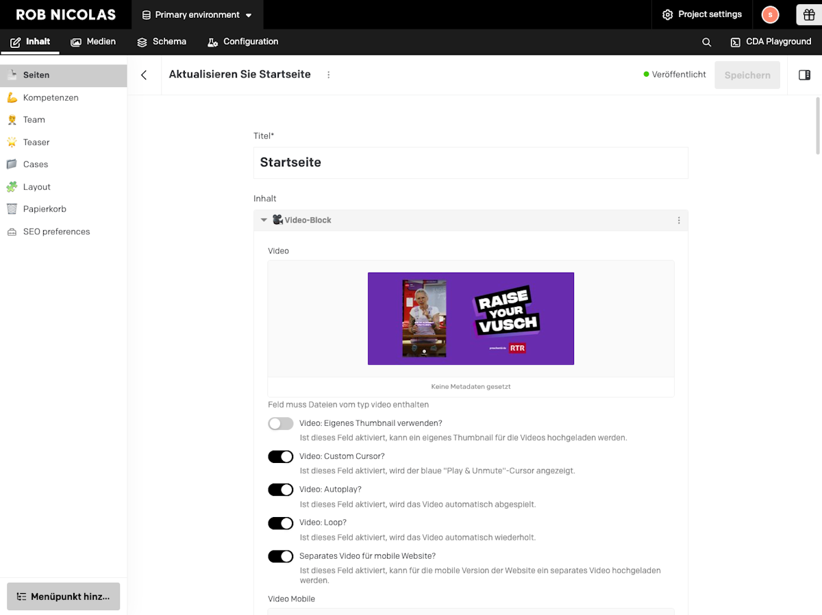 A Screenshot of the backend view from DatoCMS for the Rob Nicolas website