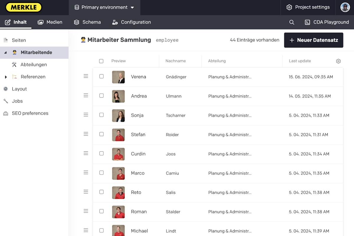 Backend screenshot of the employee content model of the website from Merkle Metallbau