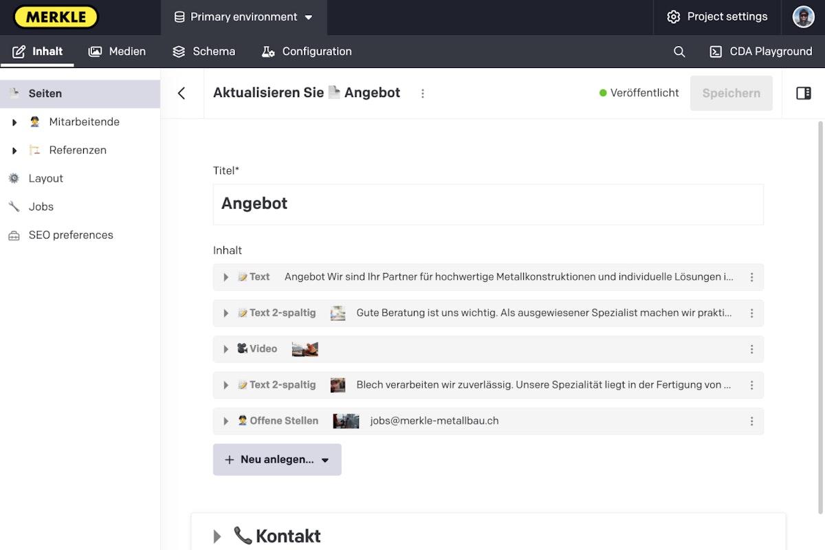 Backend screenshot of the offer content model of the website from Merkle Metallbau