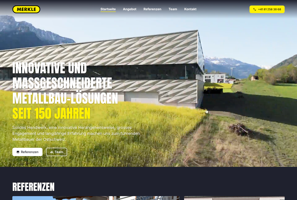 Screenshot showing the homepage of Merkle-Metallbau AG.