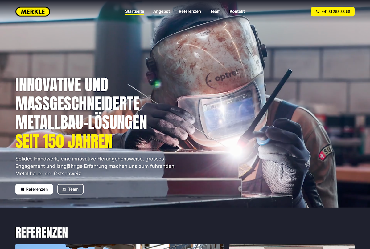 Screenshot showing the homepage of Merkle-Metallbau AG.