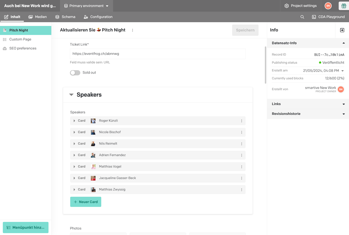 Backend screenshot of new-work.fm showing the list of speakers that can be edited in DatoCMS