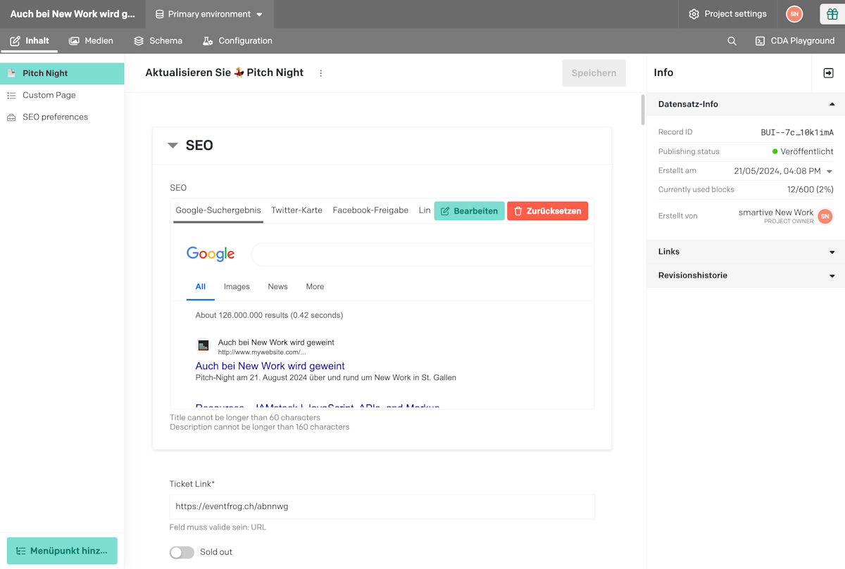 Backend screenshot of the SEO settings of new-work.fm
