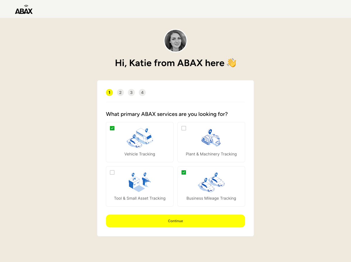 ABAX pricing page with multi-step form