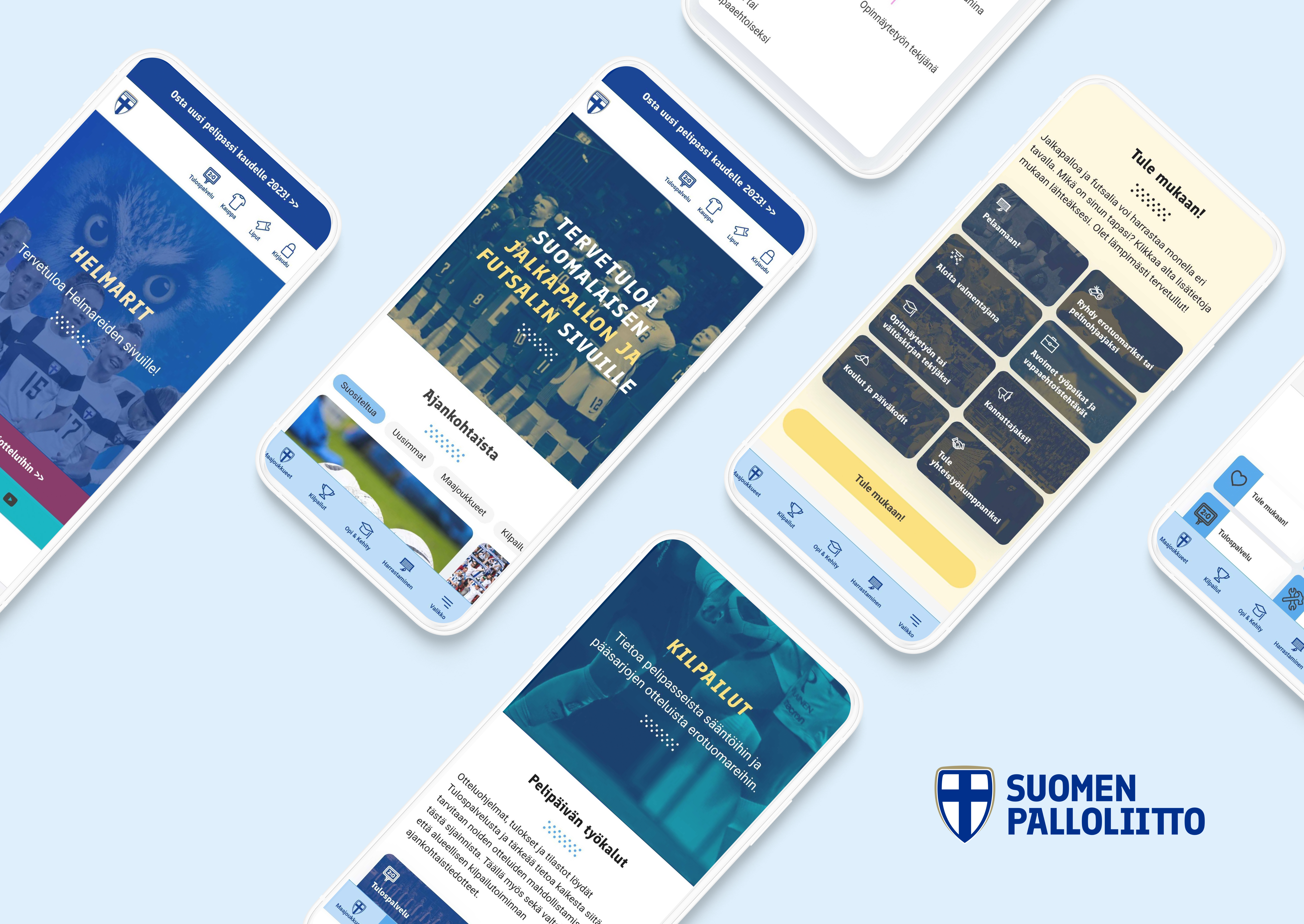 Mobile screenshots in mockups of the website of the Football association.