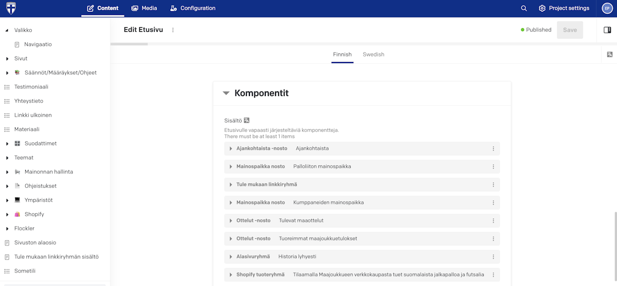Editor view of components on the front page of Palloliitto website