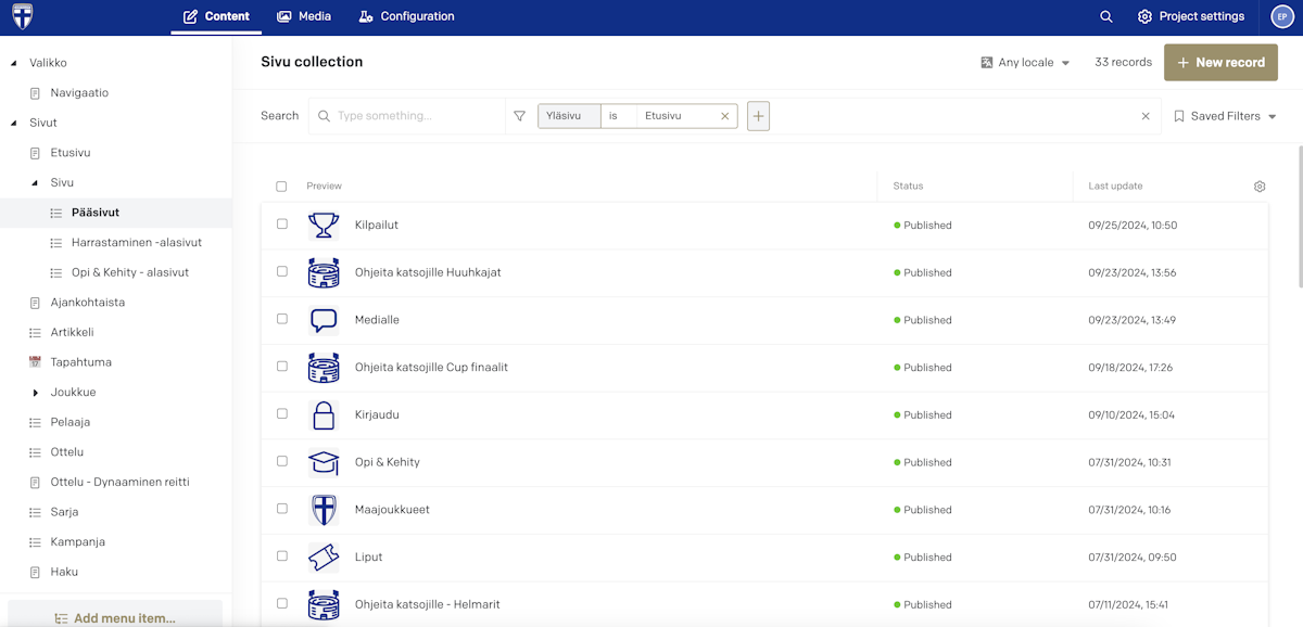 Editor view of main pages of Palloliitto website