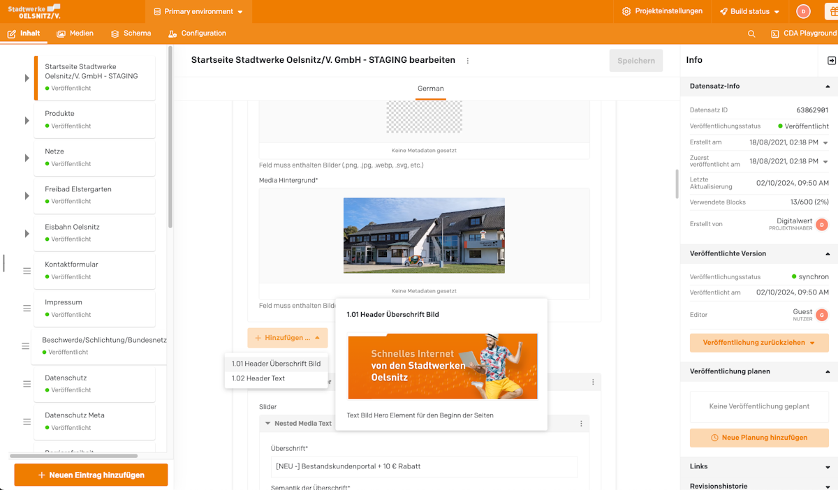 Overview of DatoCMS content infrastructure and site maintenance dashboard.