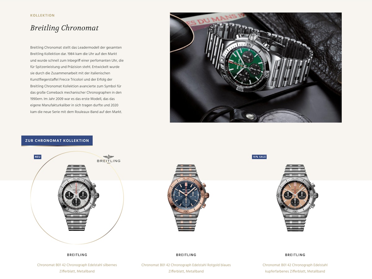 Website section displaying product cards for watches.