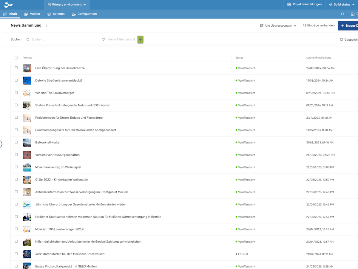 Back-end view of the news database overview in DatoCMS.