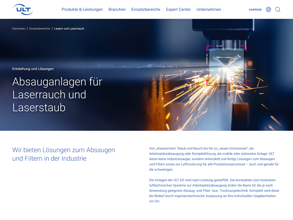 Homepage showcasing the the range of Extraction systems for laser smoke and laser dust.