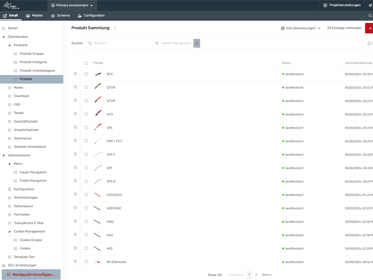 Back-end view of the products in DatoCMS.