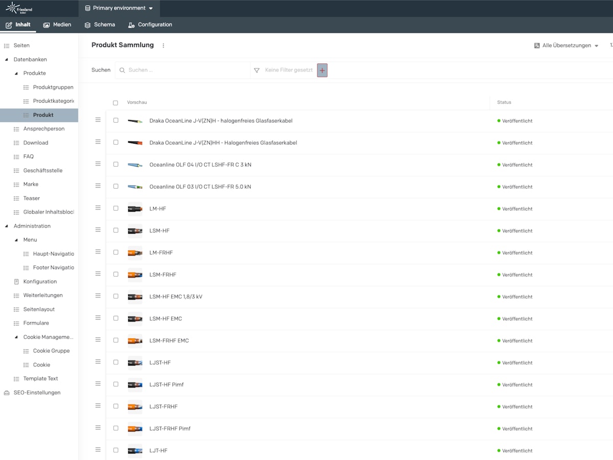 Back-end view of the product overview in DatoCMS.