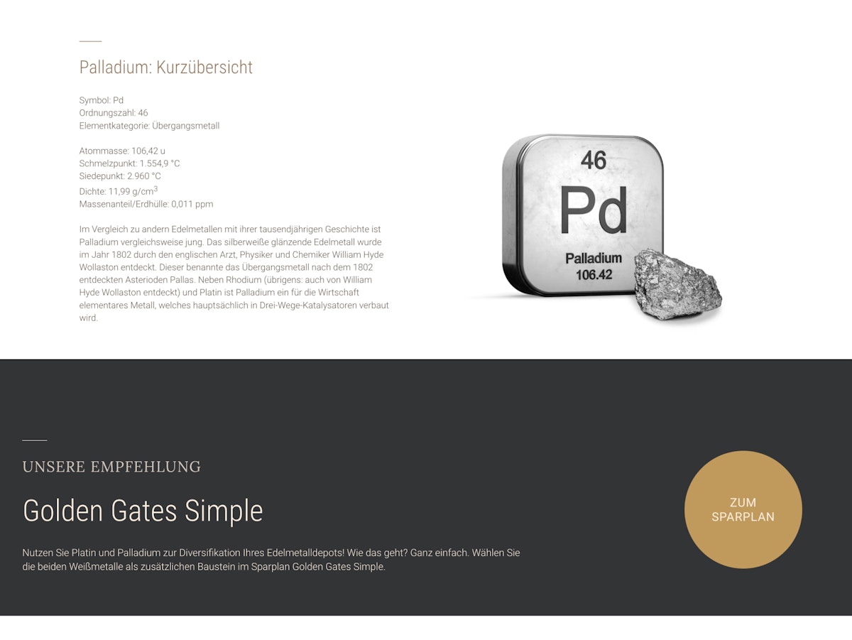 Media-Text Element with a brief overview of the properties and applications of palladium and a Call to Action.