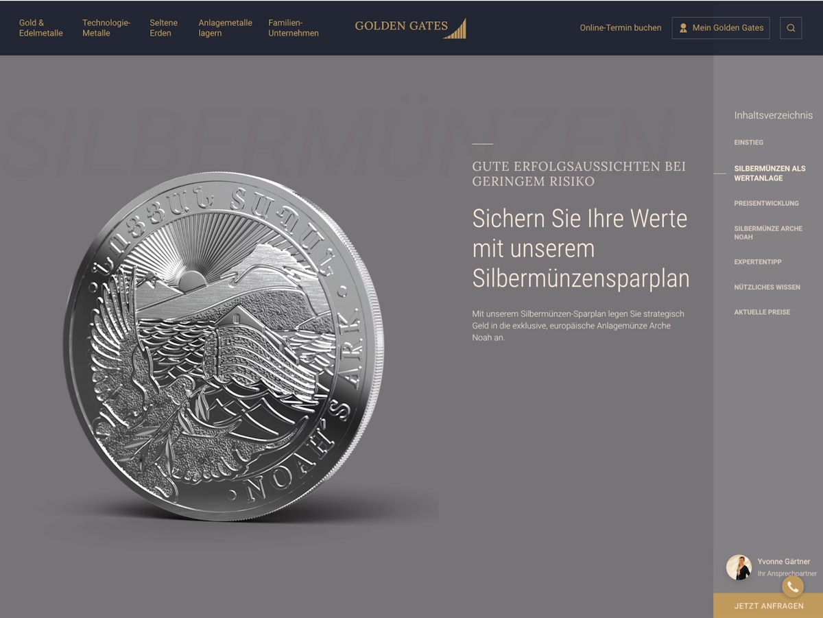 Homepage showcasing a 3D-rendered silver coin, promoting silver coins as an investment.