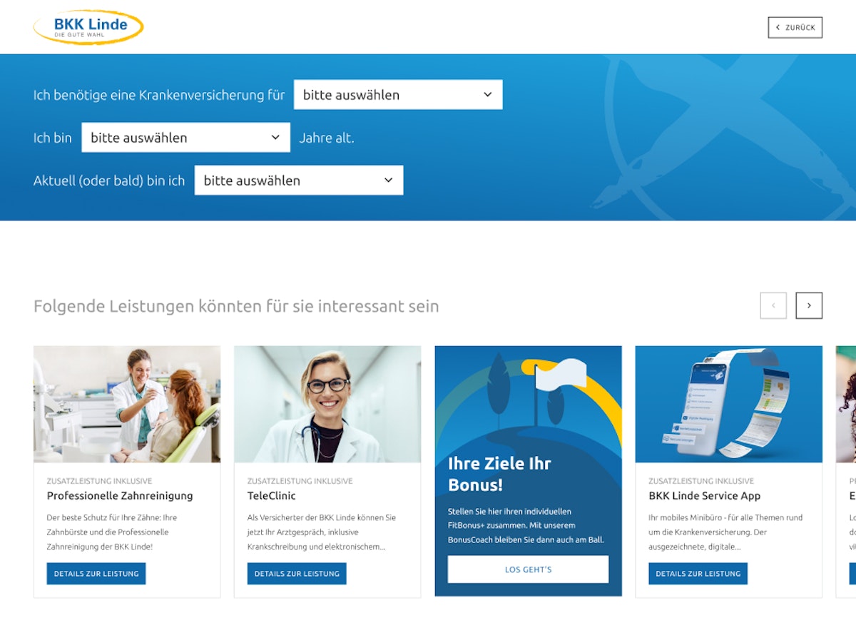 Website showcasing a calculator for BKK Linde bonus payments.