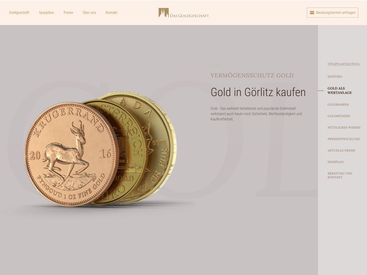 Stacked 3D rendered gold coins with a springbok and inscriptions on a financial website page.