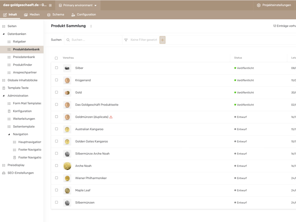 Back-end view of the products in DatoCMS.