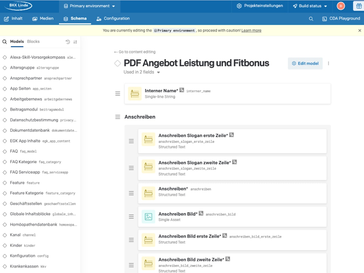 Back-end view of the Schema overview in DatoCMS.