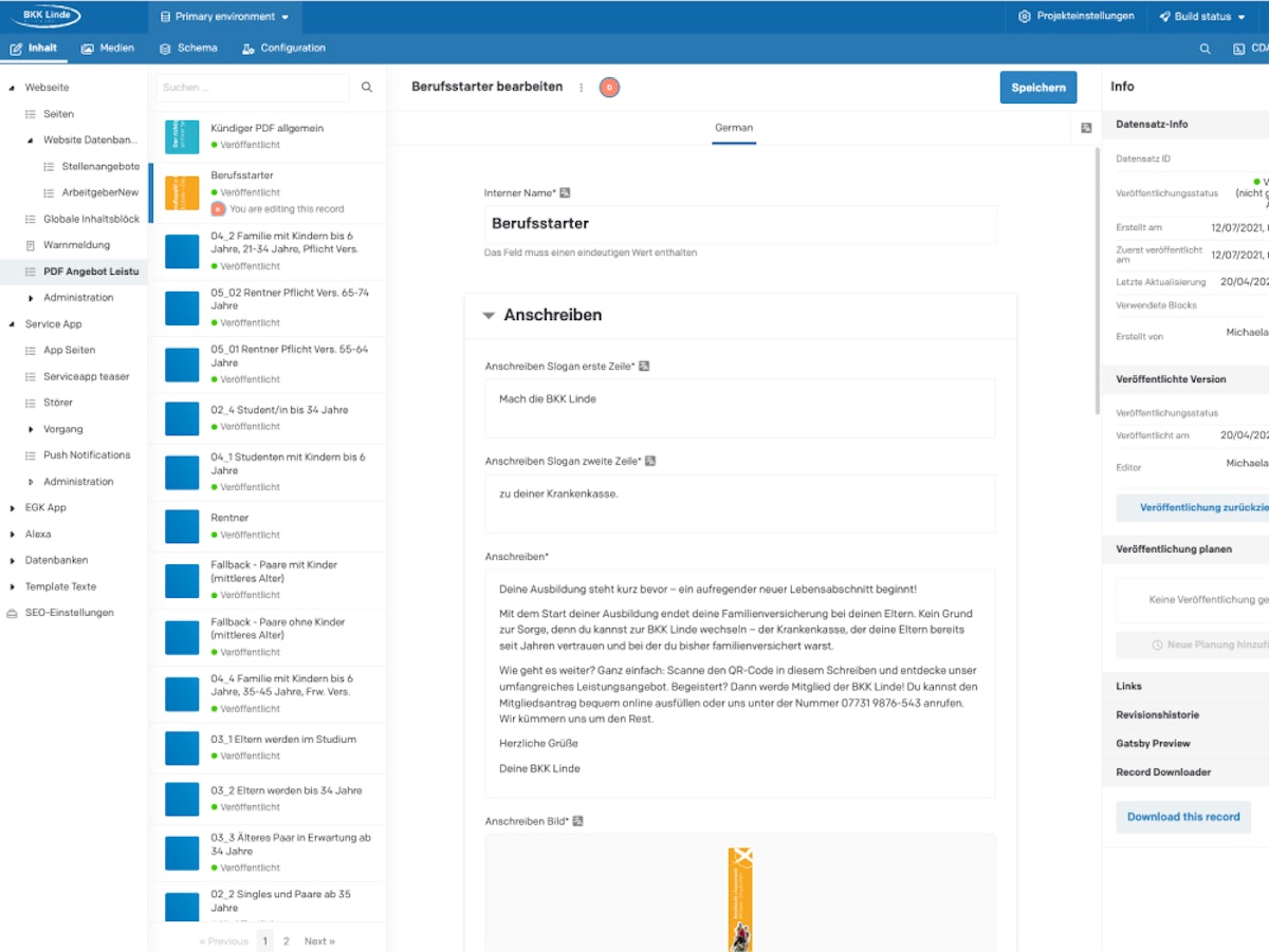 Overview of DatoCMS content infrastructure and site maintenance dashboard.