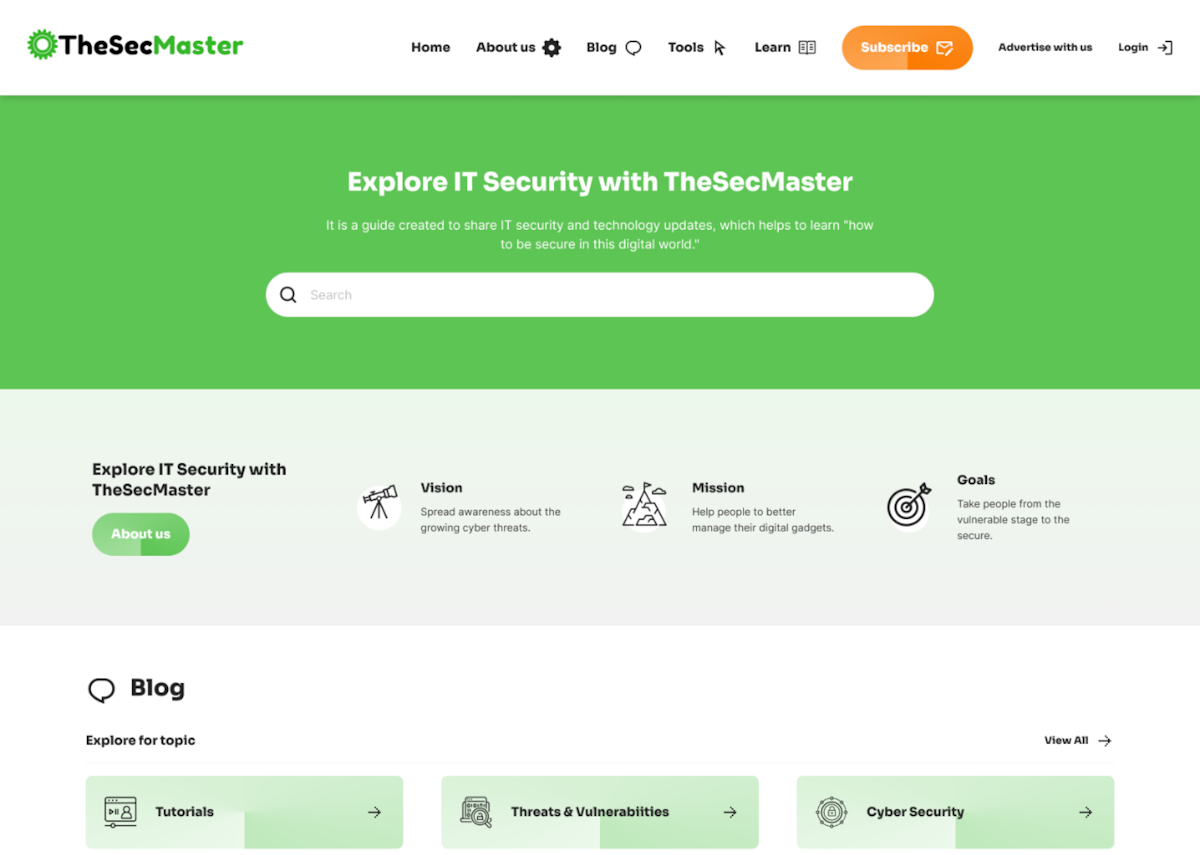 Screenshot of The SecMaster homepage