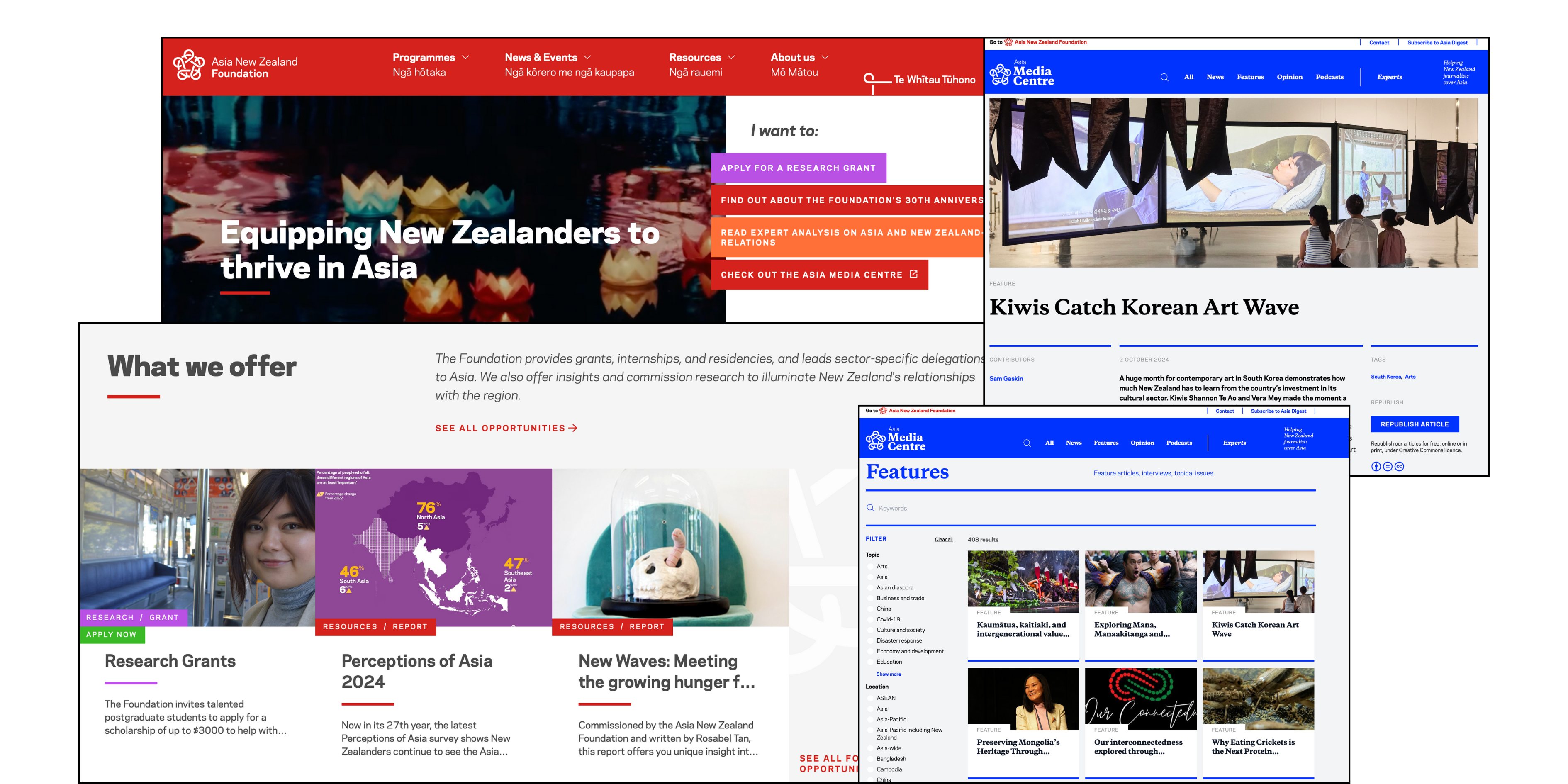 Fours screenshots of Asia New Zealand Foundation and Asia Media Centre