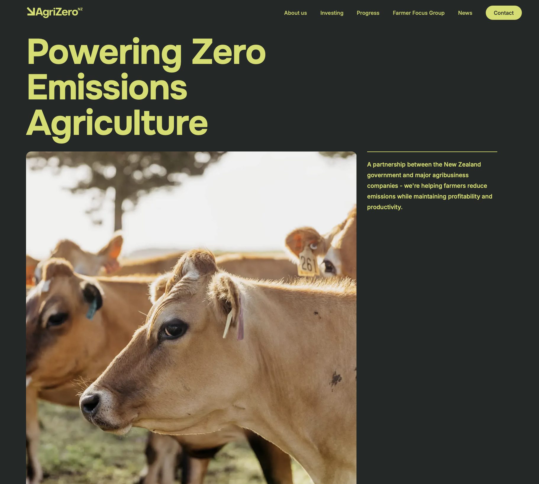 AgriZeroNZ website home page with Jersey cows photo