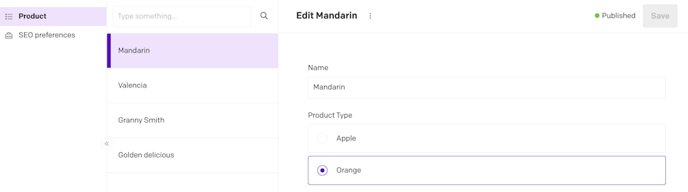A product listing in Compact view, using the Name field as the title