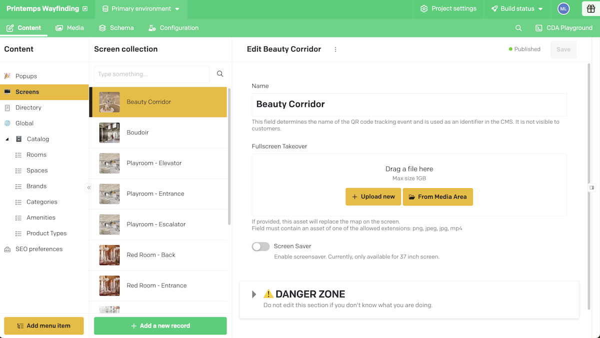 Showcasing custom color scheme and structure of Dato CMS dashboard