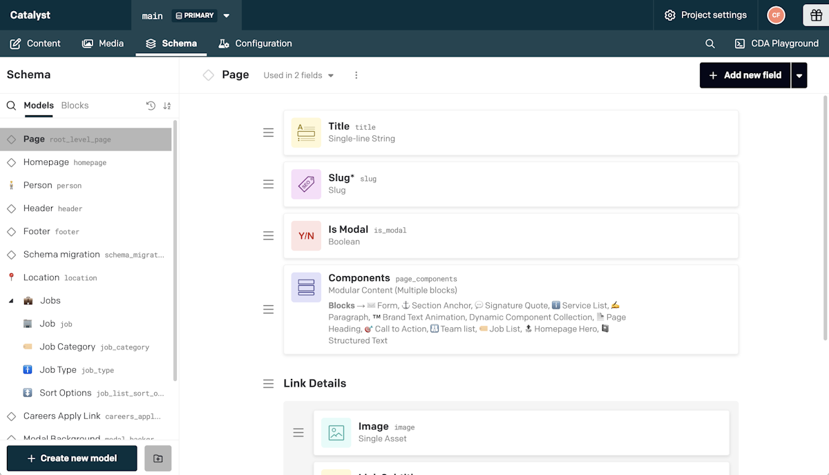 Shows data model for homepage