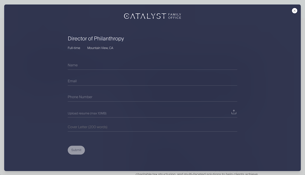 Shows the form for applying to jobs within careers